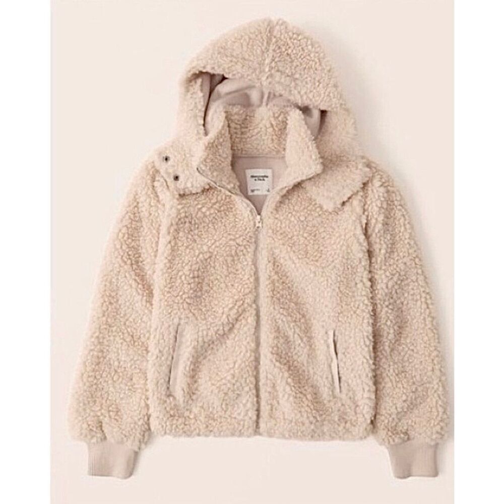 Abercrombie & Fitch Jacket Teddy Sherpa Hooded Full Zip Cream XS